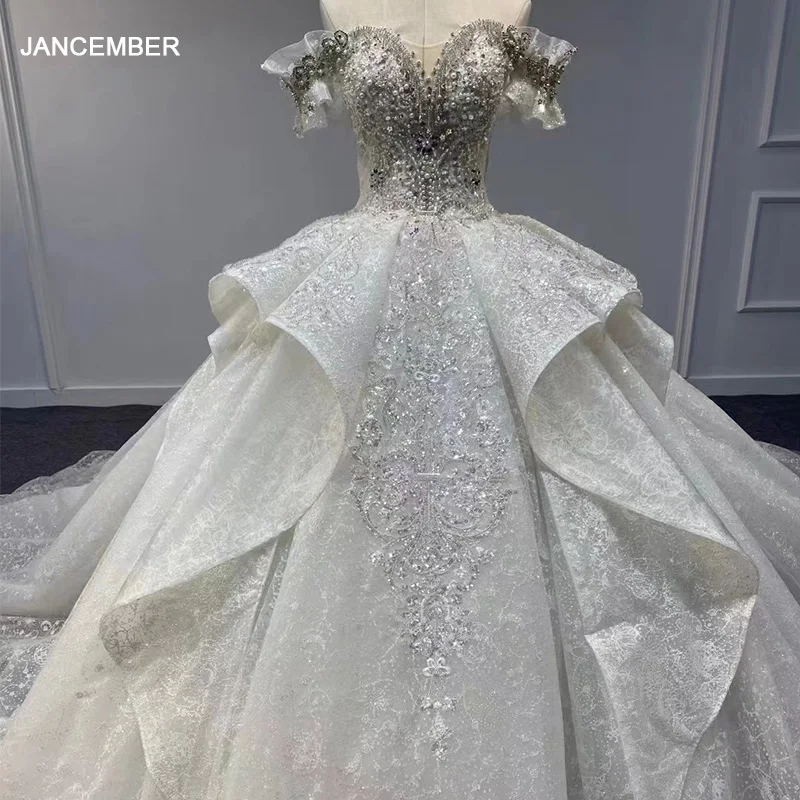 

Jancember Flash Sale Luxury Wedding Gown For Bride 2024 Ball Gown Short Sleeves Chapel Train Lace Up Vestido De Novia MN35