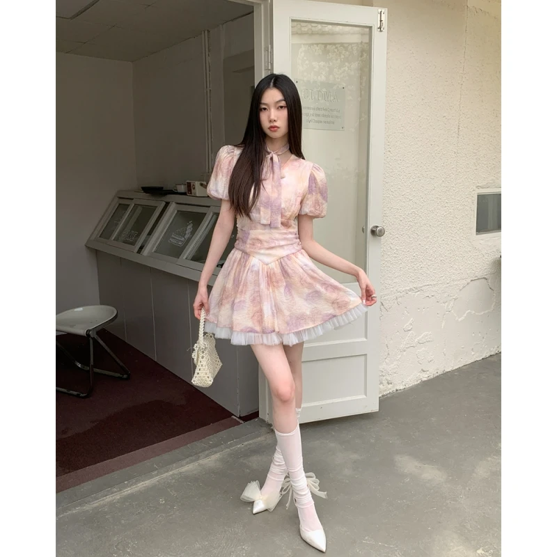 

2024 Summer NEW Pink Tie-dyed Women Academic Short Sleeved Style Spicy Girl Short Irregular A-line Skirt Elegant Ball Dress