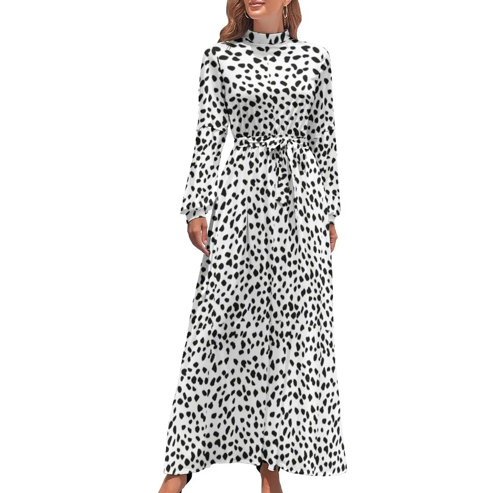 

Dalmation Print Dress Black Polka Dots Cute Design Maxi Dress High Neck Long-Sleeve Street Fashion Bohemia Long Dresses