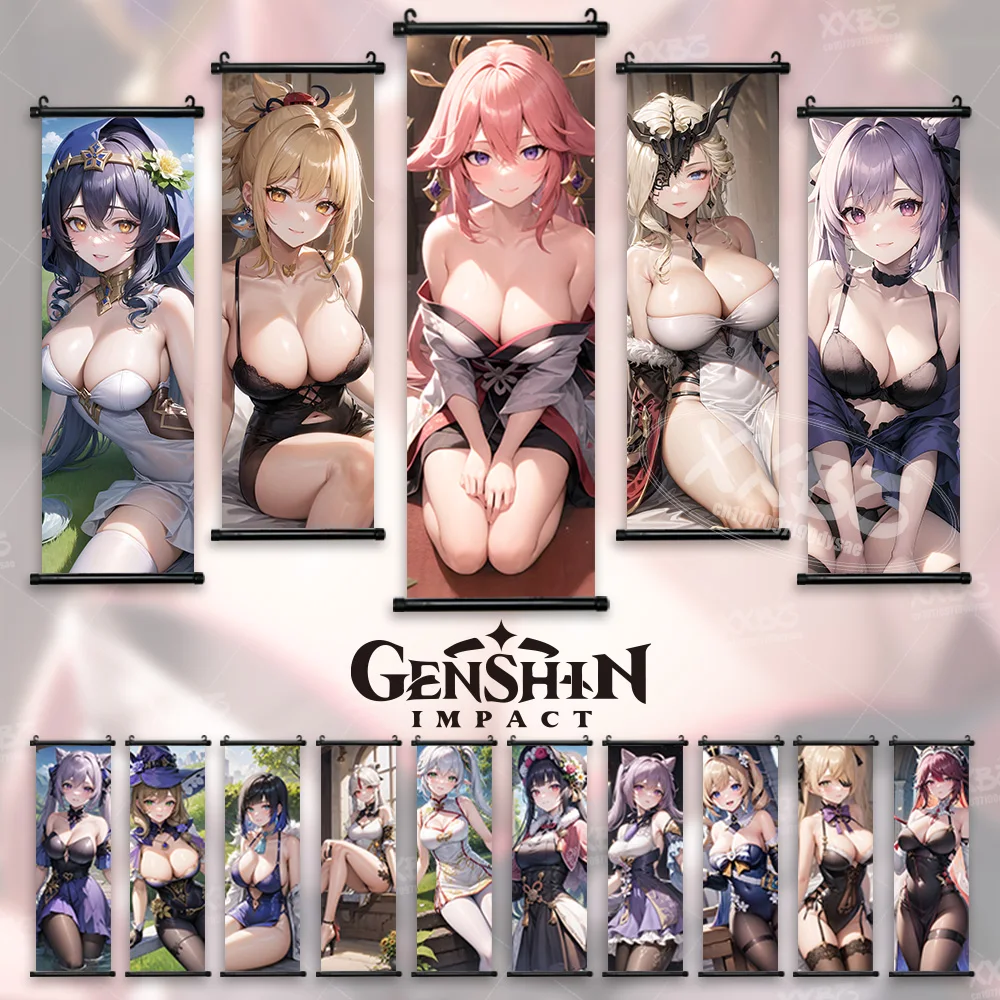 

Genshin Impact Sexy Girl Character Hanging Painting Game Posters Kujo Sara Scrolls Picture Keqing Wall Art Barbara Home Decor