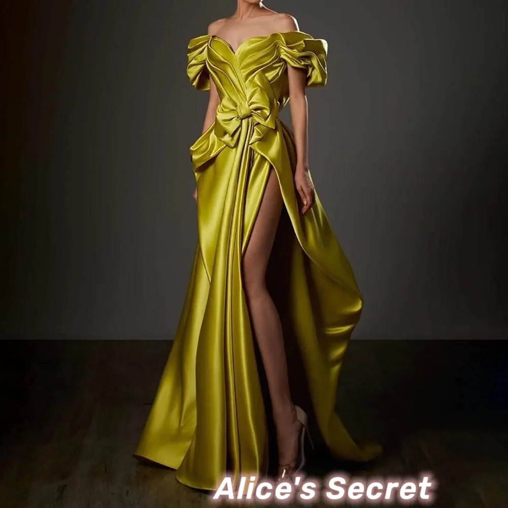 

Evening Gown A-Line Off-Shoulder Short Sleeves Draped Bow Side Slit V Back Pleat Sweep Train Vestido de Noche