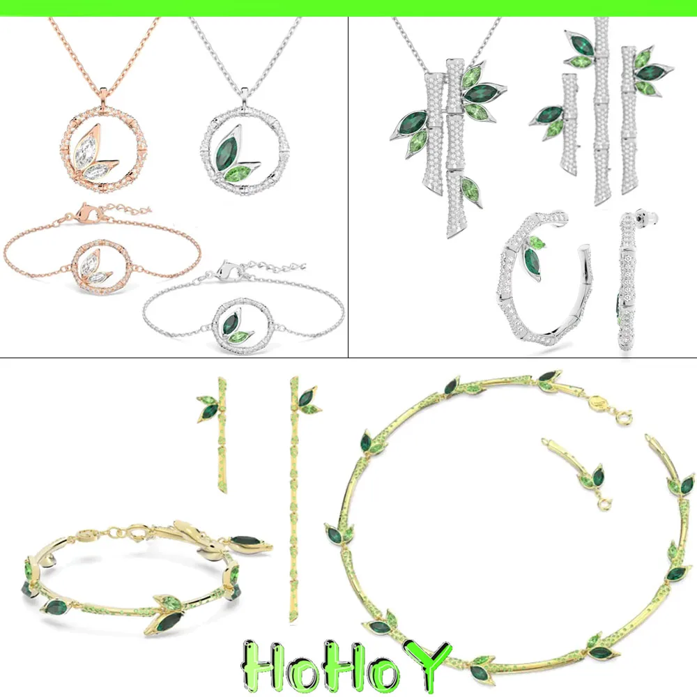 

Dellium 2024 New Women's Jewelry Set Necklace Earrings Bracelet High Quality Green Bamboo Crystal Charm Christmas Gift Wholesale