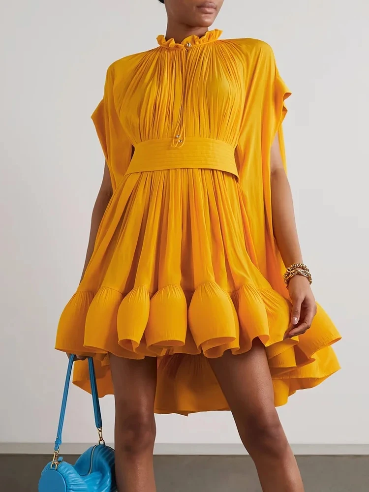 

Sexy Short Sleeve Asymmetrical Mini Dress Women Yellow O Neck Spliced Plieasted Balloon Pleated Mini Dress Elegant Evening Party