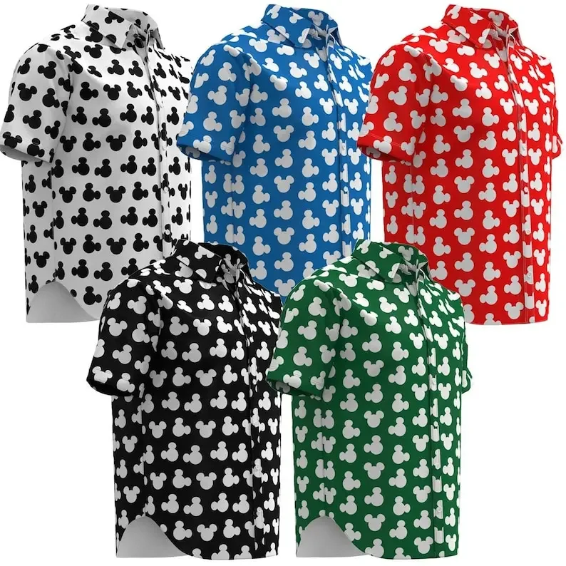 

2024 Disney Mickey Mouse Hawaiian Shirt Fashion Silhouette Ears Shirt Disney land Inspired Button Down Shirt Casual Retro