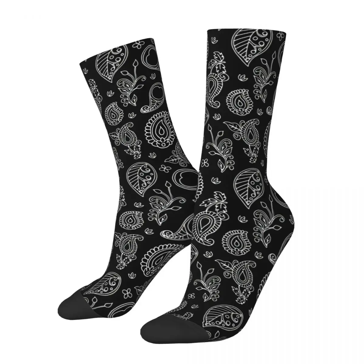 

Retro Black And White Bohemian Paisley Pattern Men's compression Unisex Paisley Harajuku Seamless Printed Novelty Crew Sock