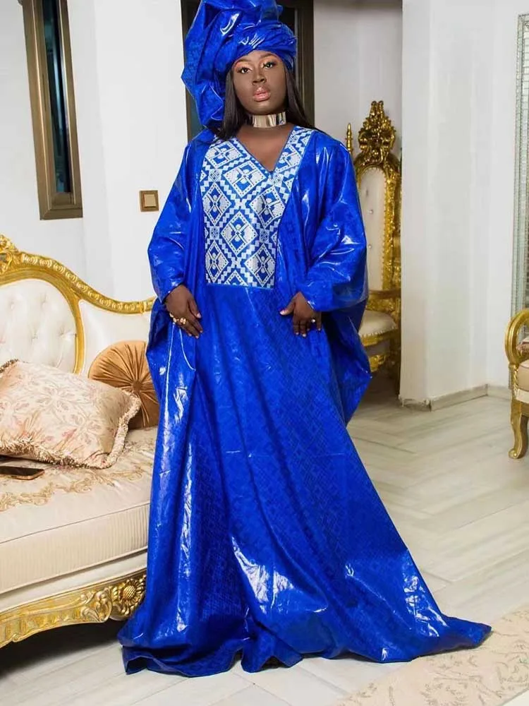 

African Shiny Bazin Riche Long Dresses For Ankara Nigeria Women Traditional Wedding Party Basin Dashiki Robe With Scarf