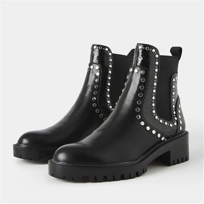 

Rivets Studded Women Chelsea Boots Slip-on Genuine Leather Shoes Woman Black Short Booties Punk Style Knight Botas Mujer