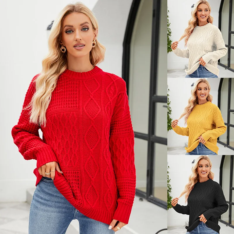 

Red Sweater Women Autumn Winter Simple Pullover Knit Elastic Jumper Casual O-neck Warm Y2k Letter Korean Jacquard Jumpers