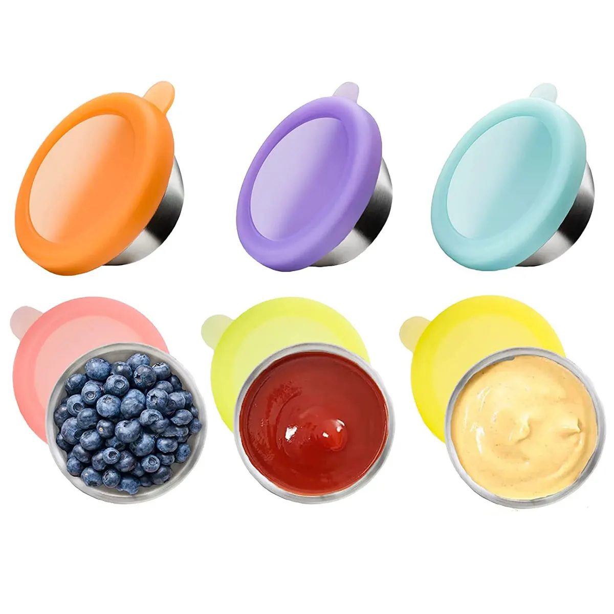 

Salad Dressing Container with Lids 6Pcs Silicon Lid Leak Proof Sauce Dressing Container Reuse Eco- friendly Condiment Containers