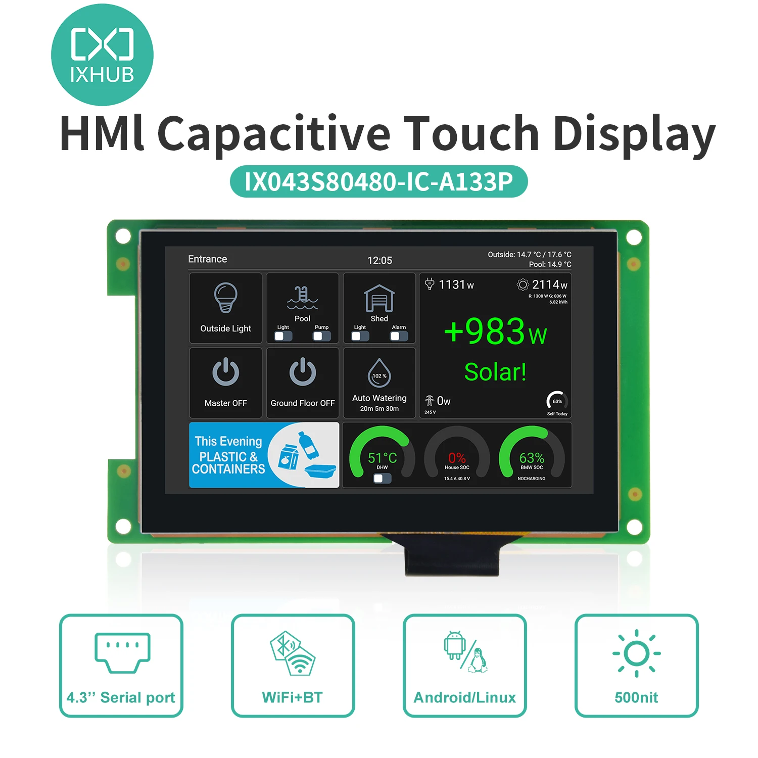 

IXHUB 4.3 Inch Medical grade IPS Capacitive Touch Pane 800*480 RS232/TTL Indusdtrial HMI Module Screen Linux Ubuntu Android