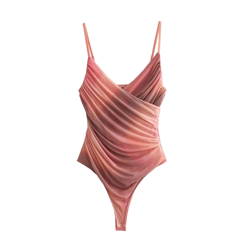 

YENKYE Sexy Women Spaghetti Strap Printed Mesh Bodysuit Cross V Neck Draped Body Mujer Summer Tops