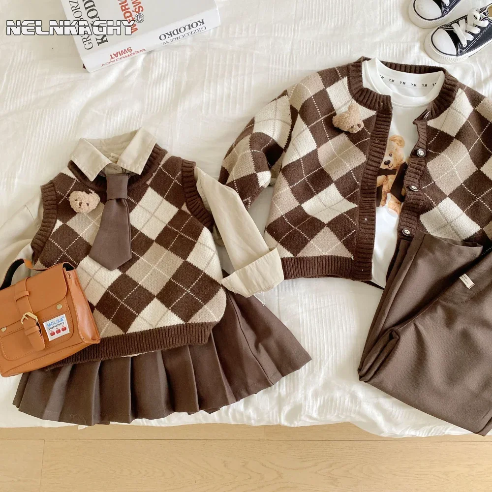 

spring Kids Baby Girls Boys Bear Plaid Knitted Sweater Vest Bow Tie Shirts Bottoming Pleat Skirts Pants Children Clothes 6M-7Y