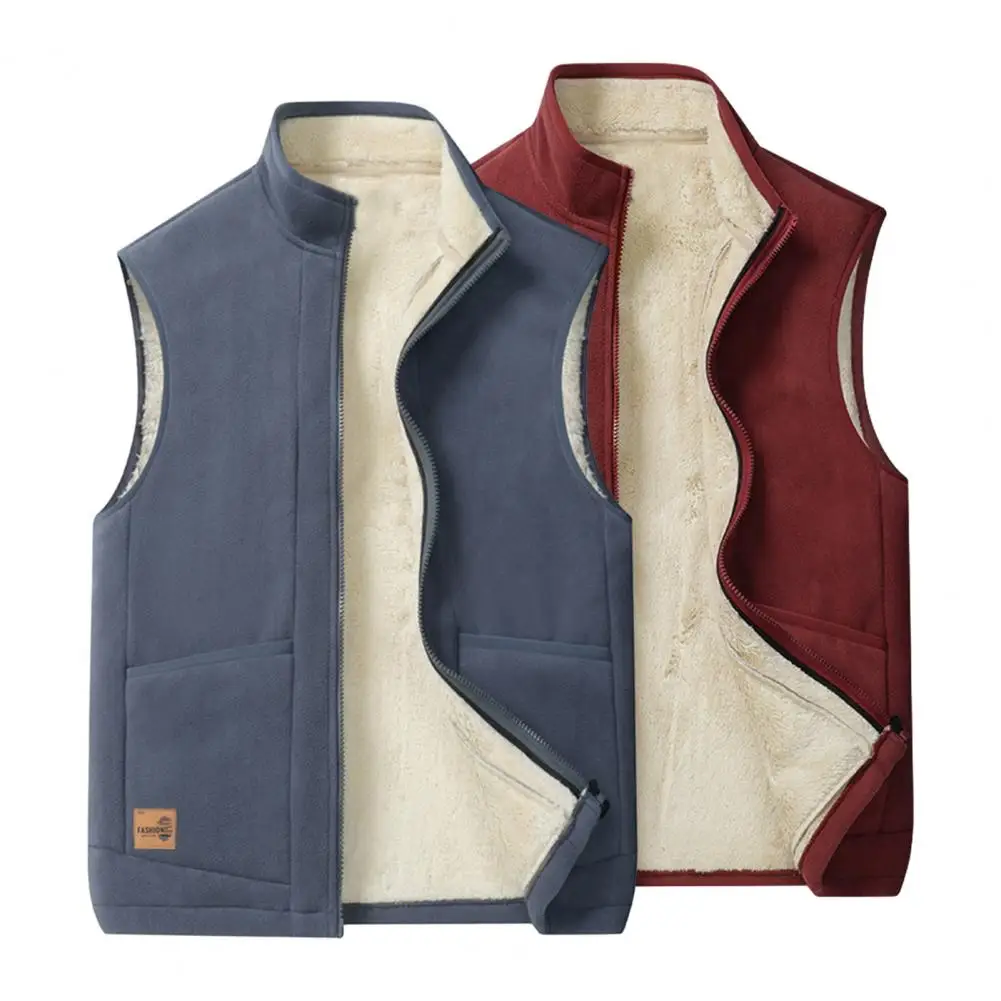 

Men Velvet Vest Men's Winter Vest with Stand Collar Thick Plush Warmth Windproof Protection Zipper Closure Cardigan for Plus