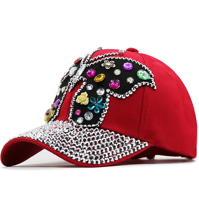 

Новая красная бейсболка для женщин с цельными круглыми кристаллами Красочные Большая Бабочка шляпа из джинсовой ткани со стразами Стразы Snapback Кепка с вышитым узором летние шляпы