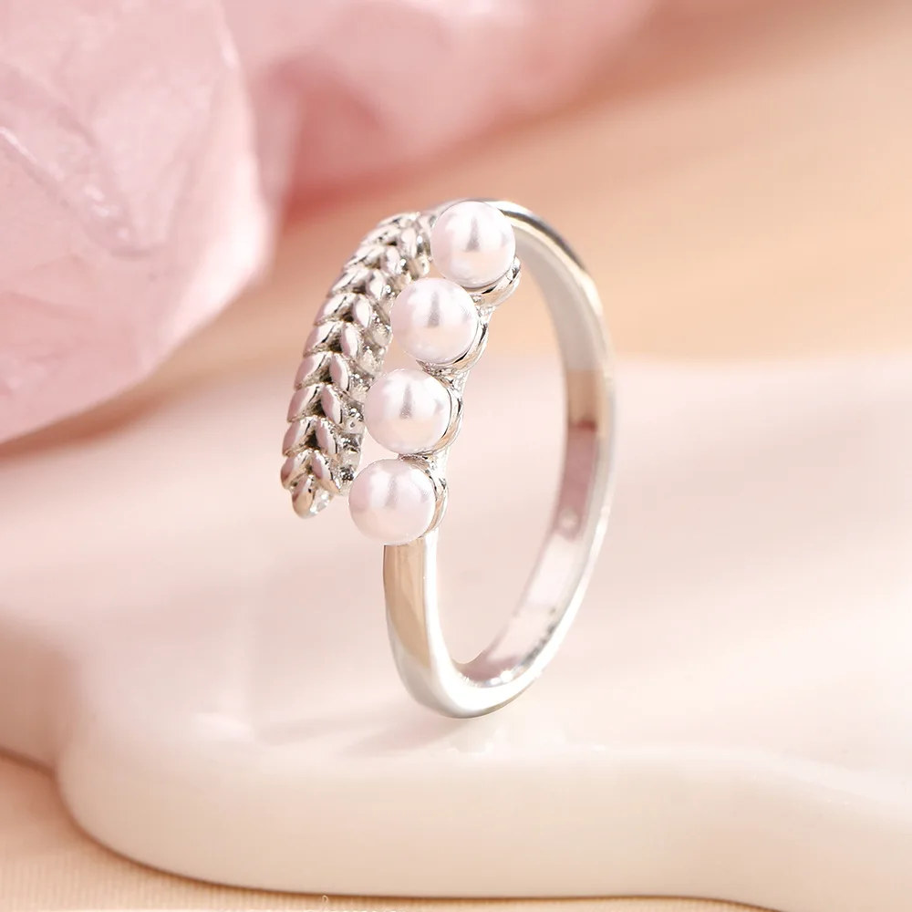 

PANJBJ 925 Sterling Silve Wheat Ear Pearl Ring for Women Girl Sweet Romantic Olive Branch Opening Jewelry Gift Dropshipping