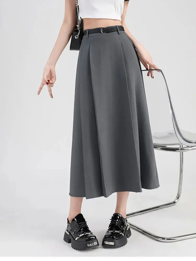 

Pleated Skirts Girls Elastic High Waist Summer Jupe Mujer Faldas Female Midi Skirt With Belts Spring Summer