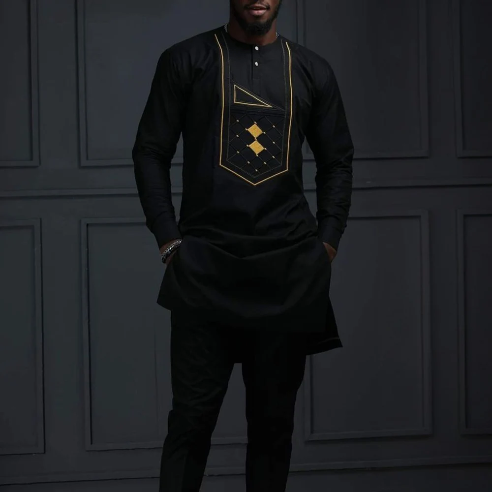 

Африканский Традиционный наряд Дашики черный Boubou элегантные костюмы для мужчин новинка 2 шт. Роскошная брендовая одежда полный комплект брюк мужские Дашики