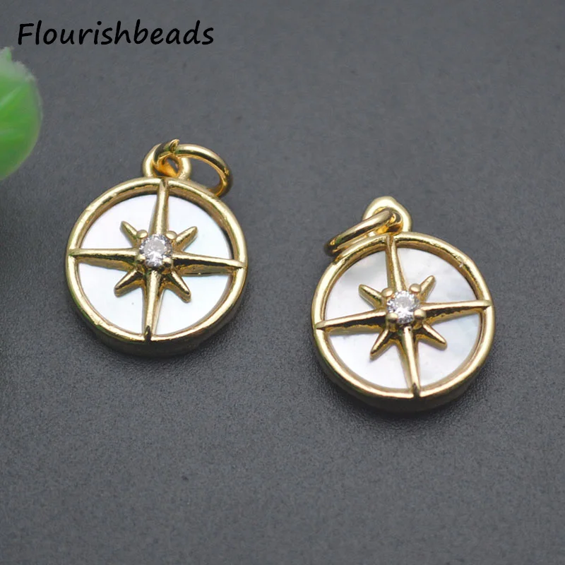 

Good Quality Anti Fading 18k Gold Plated CZ Pave Inlaid Natural Mop Shell Round Star Metal Charms for Diy Necklace Making 5pcs