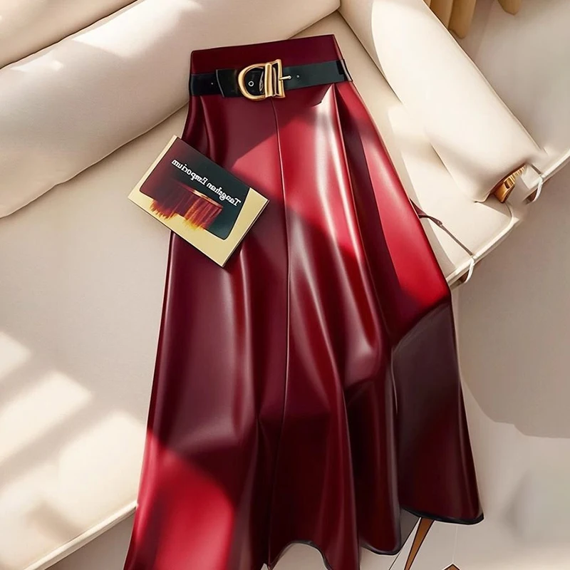 High end goddess style high-end red PU skirt for women 2024 new Leather midi skirt, mid length umbrella skirt 72 Se15d2511fc9d462f86536118bd90dd9eK
