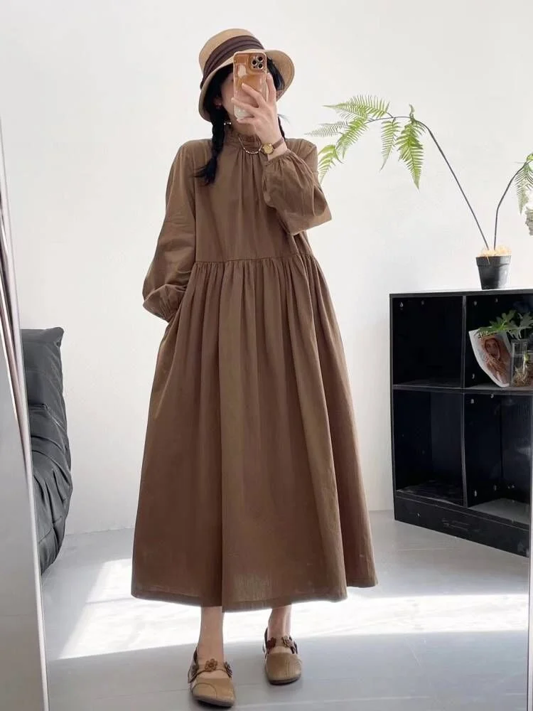 

100% Cotton Coffee Color Dress for Women Spring Japan Style Brief Stand Collar Long Sleeve Solid One-piece Dress Long Robe