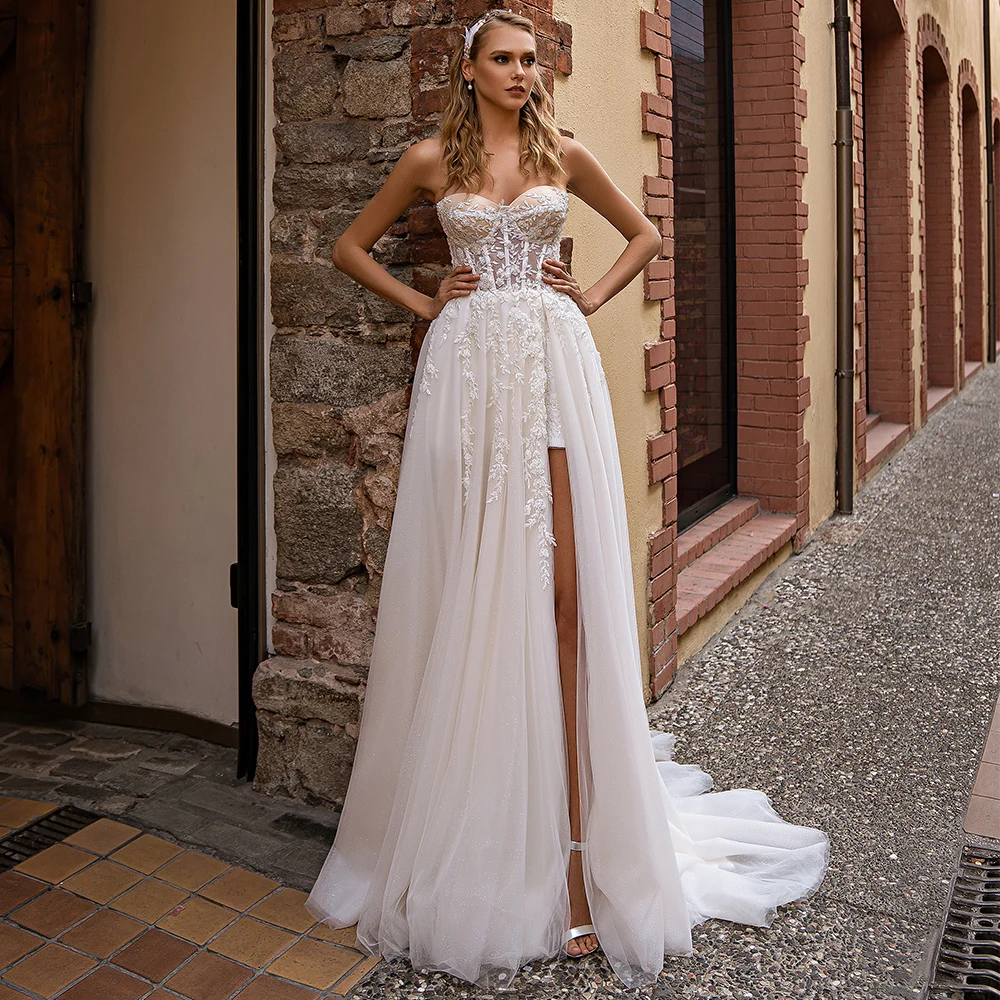 Modern A-Line Appliques Wedding Dress with Off the Shoulder Sexy Strapless Lace Side Slit Brides Bridal Gowns Up Back
Modern A-Line Appliques Wedding Dress with Off the Shoulder Sexy Strapless Lace Side Slit Brides Bridal Gowns Up Back