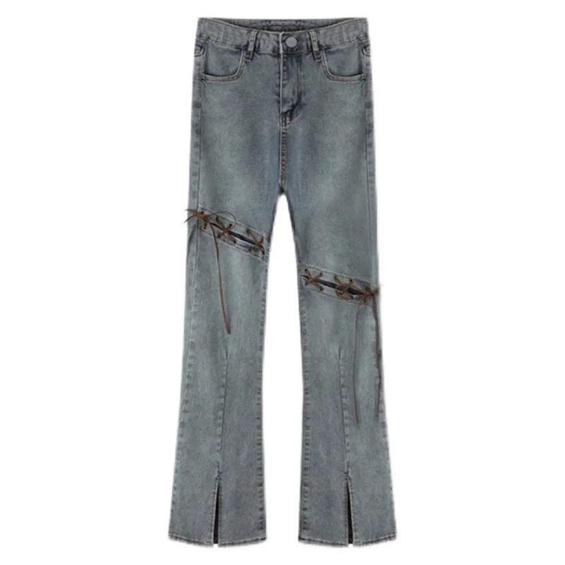 

Женские синие джинсы с завязкой, широкие брюки с высокой талией в американском стиле, модная уличная одежда, винтажные прямые весенние брюки 2024 Y2K