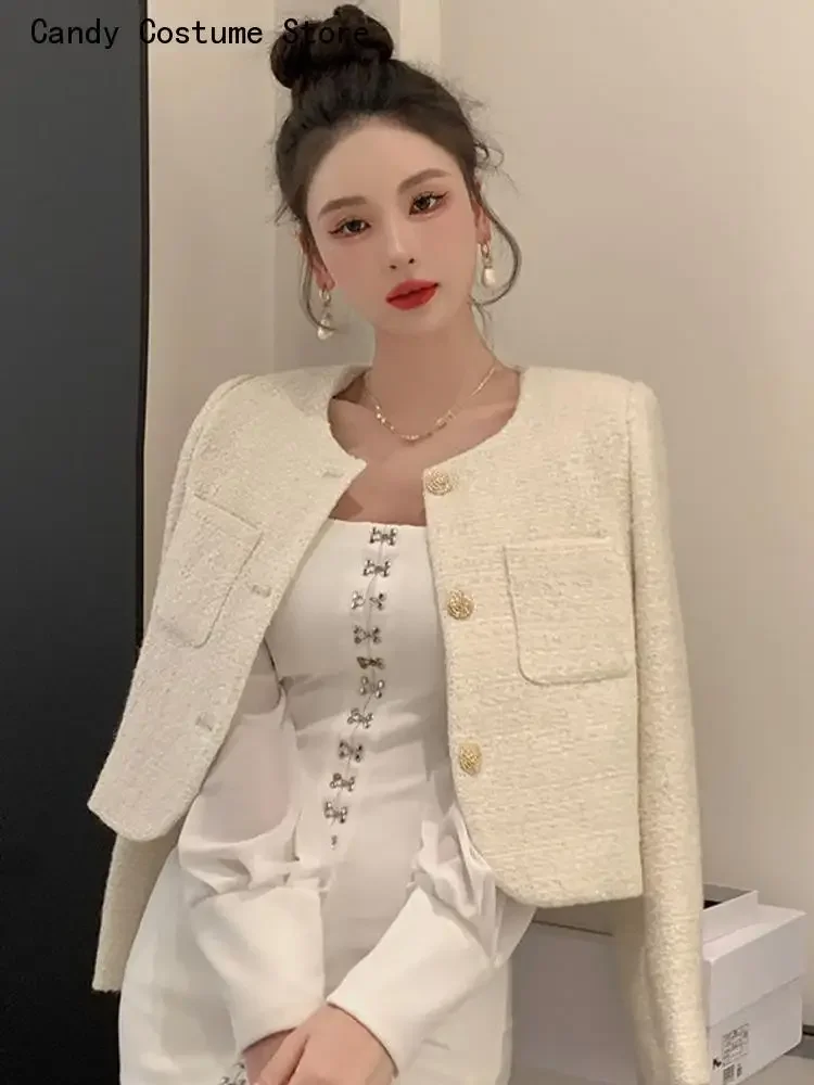 

Female Woolen Short Outerwear French Chic Small Fragrance Coat Women Autumn Winter Korean Fashion Casual Slim Tweed Jacket Top