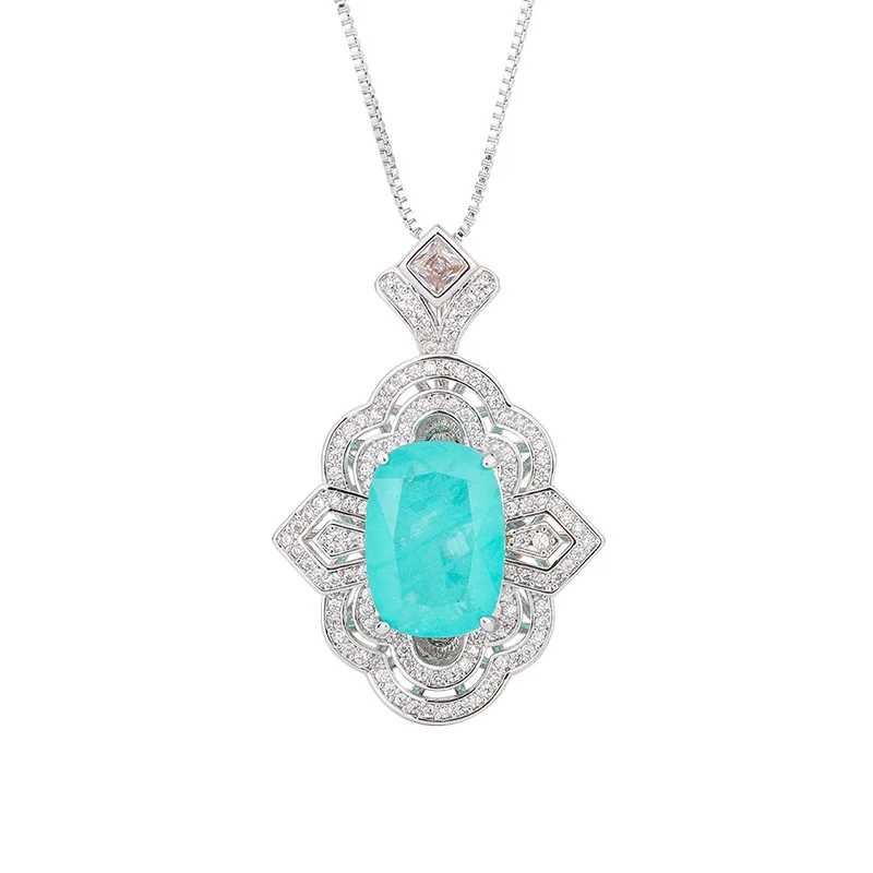 

Spring Qiaoer Vintage Oval Emerald Paraiba Tourmaline Pendant Necklace for Women Gemstone Lab Diamond Party Fine Jewelry