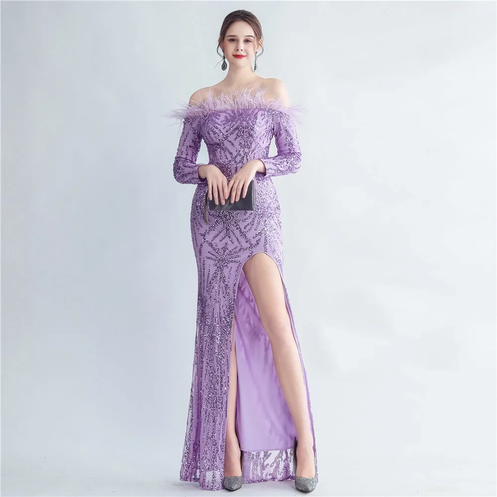 

Women's Off Shoulder Strapless Split Dress, Luxury Elegant Dresses with A Bling and Feathers, Special Events Party, Prom