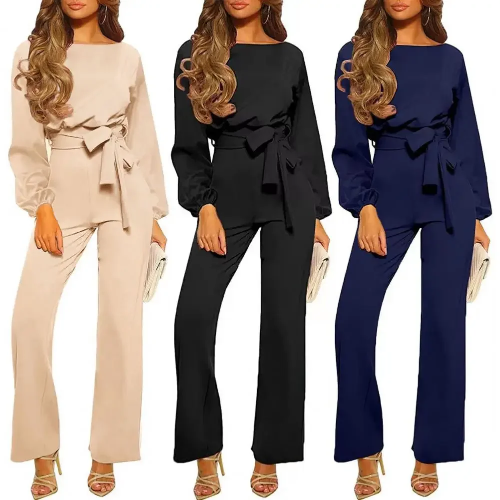 

Women Spring Jumpsuit O Neck Lace-up Belted Tight Waist Solid Color Wide Leg Loose Long Sleeve Straight OL Commute Style Lady Ju