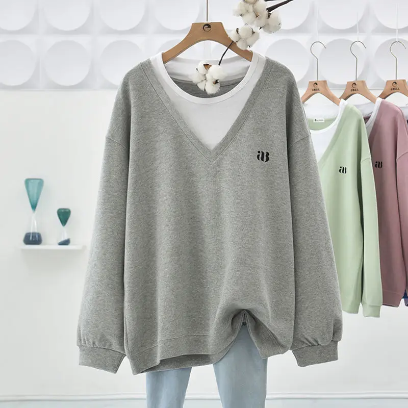 

Autumn New Fake Two Piece Contrast Tops Tees Long Sleeve O-Neck Loose Plus Size All-match T Shirts Casual Fashion Women Clothing