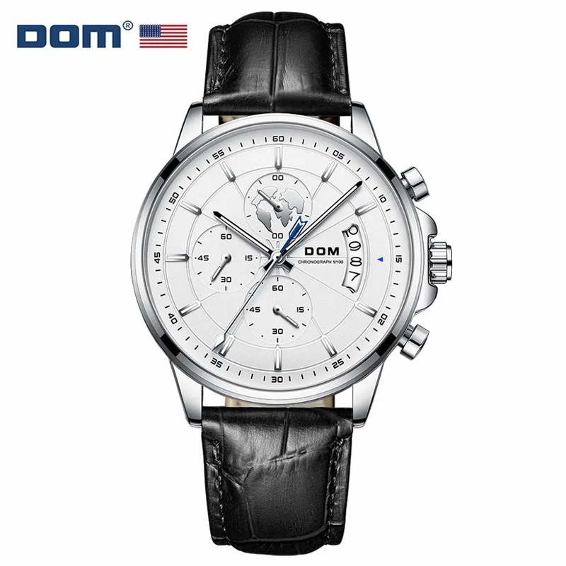 

DOM 8623 Quartz Watch Men Silvery Fashion Business Watche Black Leather Date Pointer Luminous Wristwatches for Male Clock
