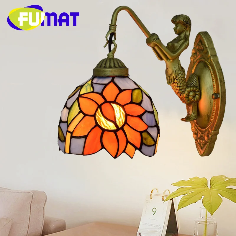 

FUMAT Tiffany style stained glass Retro blue Sunflower Mermaid wall lamp Dining Room Bedroom headboard aisle balcony LED decor