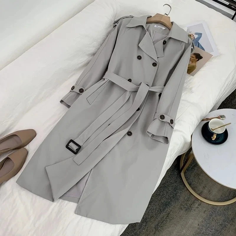

Fashion Mid-length Khaki Windbreaker With Sashes Women Spring British Style Korean Loose Casual Overcoat Streetwear Trench Coat