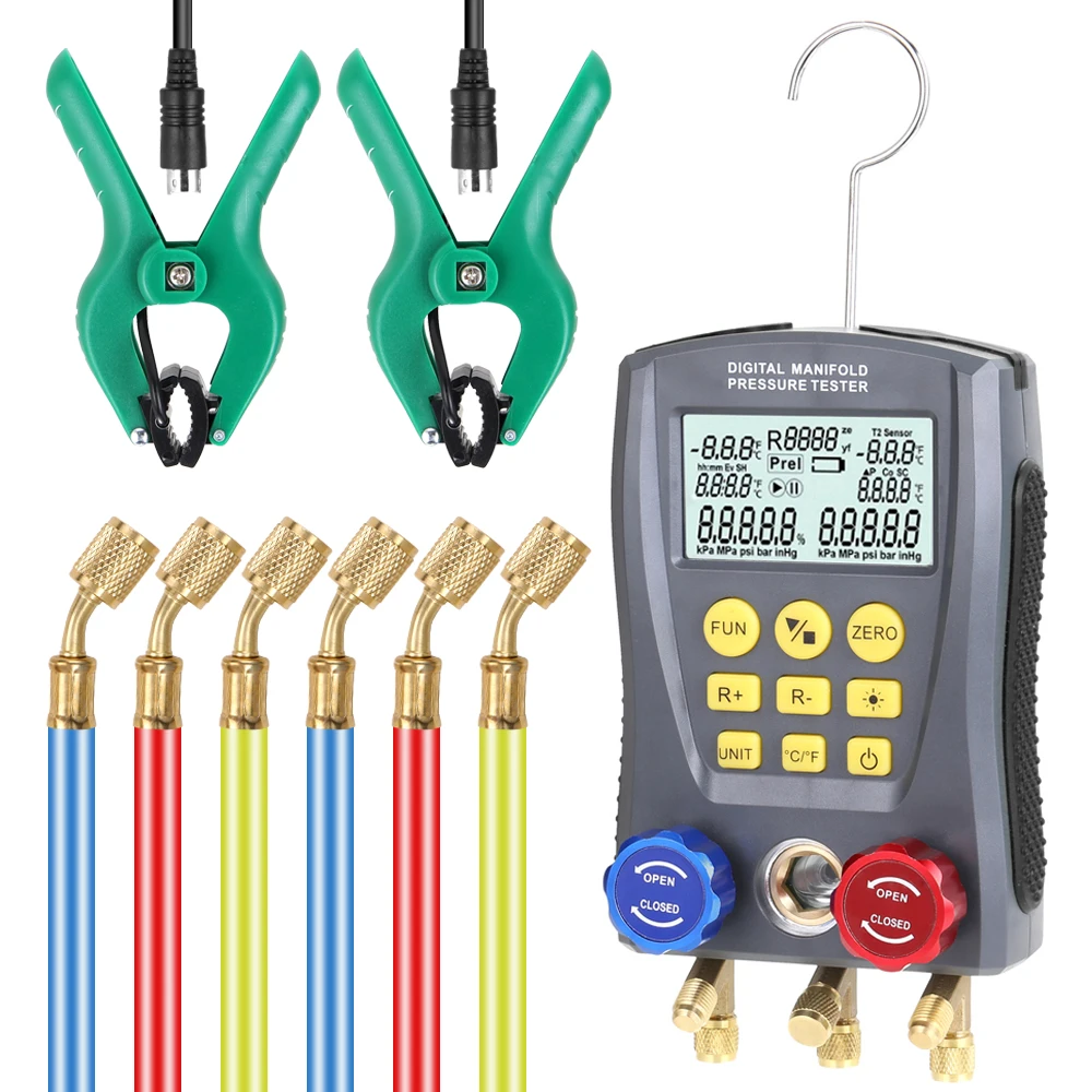 Pressure Gauge Refrigeration Manifold Digital HVAC Vacuum Pressure Tester Air Conditioning Temperature Tester Valves Tool Kit
Pressure Gauge Refrigeration Manifold Digital HVAC Vacuum Pressure Tester Air Conditioning Temperature Tester Valves Tool Kit