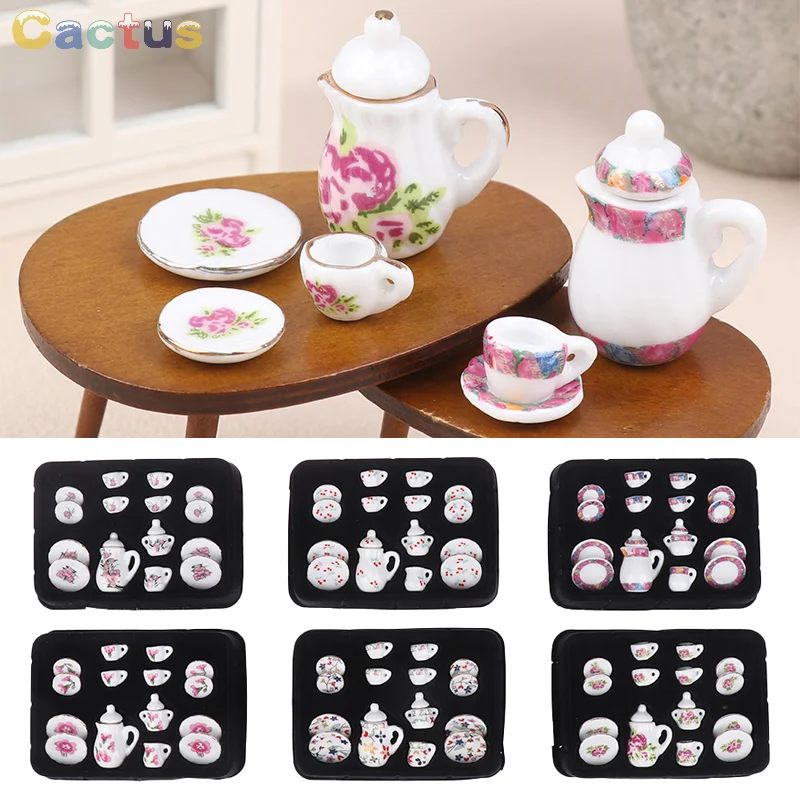 

15Pcs/set 1:12 Dollhouse Miniature Ceramic Tea Set Cup Kettle Tray Flower Tableware Kitchen Decor Toy Doll House Accessories