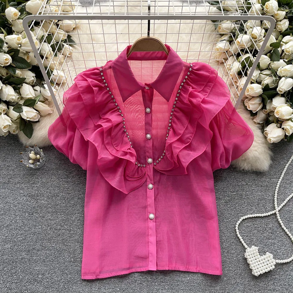 

Fashion Blouse for Women Turn-down Collar Tierred Flounced Edge Blusas Mujer Puff Sleeve Beading Camisas Summer Dropshipping