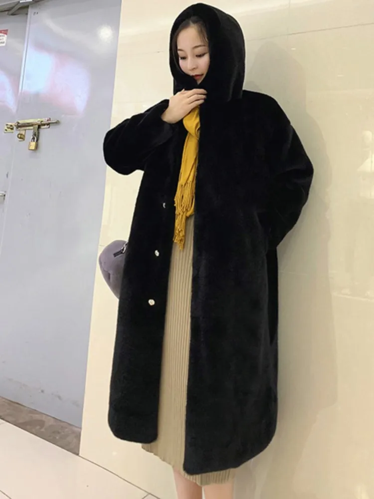 

Winter Women Hooded Mink Fur Coat Woman Long Fur Jacket Luxury Loose Overcoat Thick Warm Female Furry Coat Manteau Femme Hiver