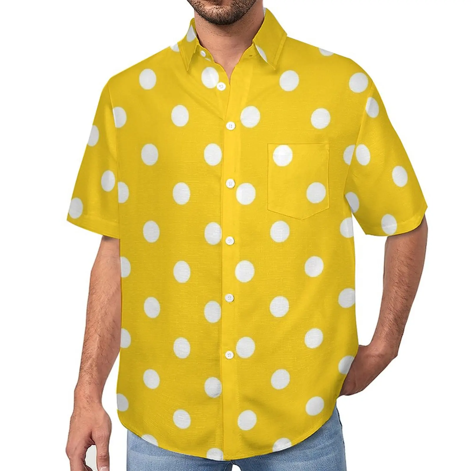 

Yellow Polka Dots Blouses Mens Retro Print Casual Shirts Hawaii Short Sleeve Graphic Streetwear Oversized Beach Shirt Gift Idea