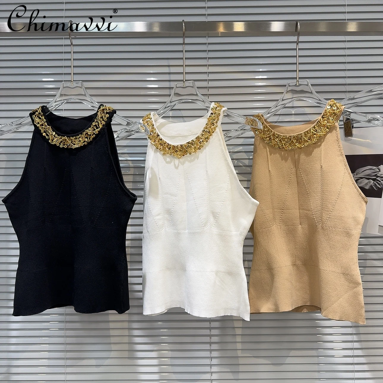 

2024 Summer New Fashion Socialite Golden Sequined Beaded Halter Knitted Sling Slim-Fit Sexy Sleeveless Elegant Vest for Women