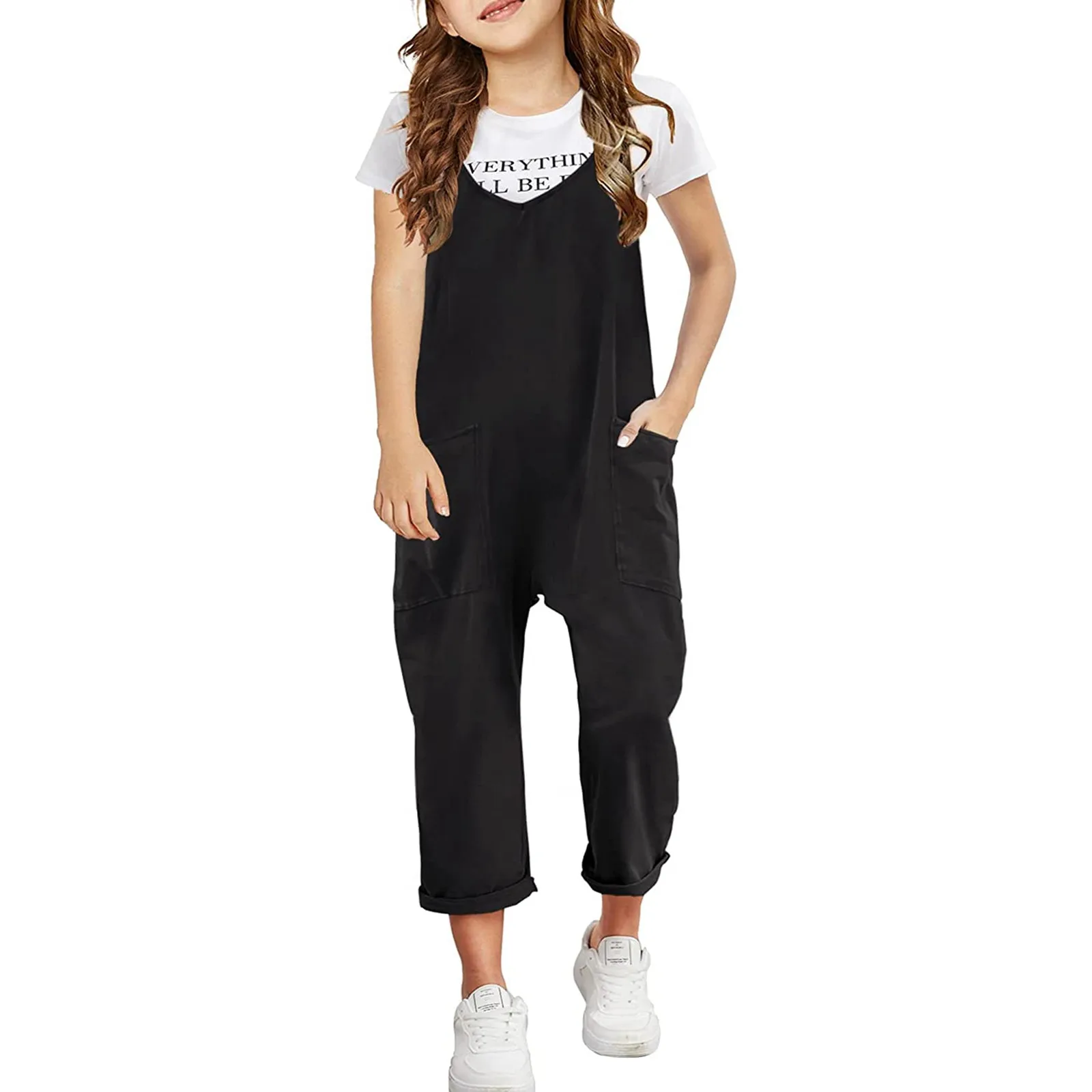 

Girls Casual Sleeveless Jumpsuits Spaghetti Strap Loose Overalls Rompers Long Pants With Pocket 1 Gender Neutral Baby Clothes