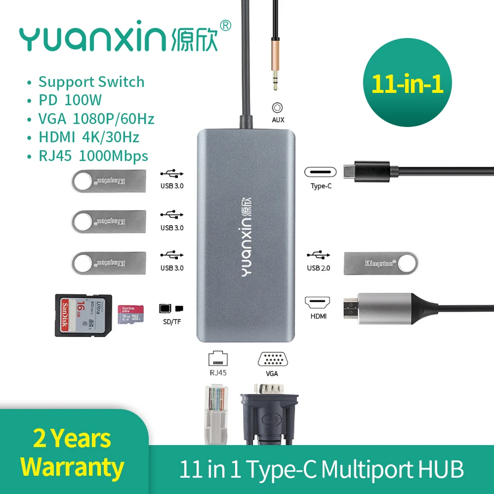 YUANXIN Type C HUB RJ45 100Mbps HDMI 4K PD 100W USB3.0 SD TF Dock Station 11Ports Adapter Support Laptop Macbook Air Pro 11IN1
YUANXIN Type C HUB RJ45 100Mbps HDMI 4K PD 100W USB3.0 SD TF Dock Station 11Ports Adapter Support Laptop Macbook Air Pro 11IN1