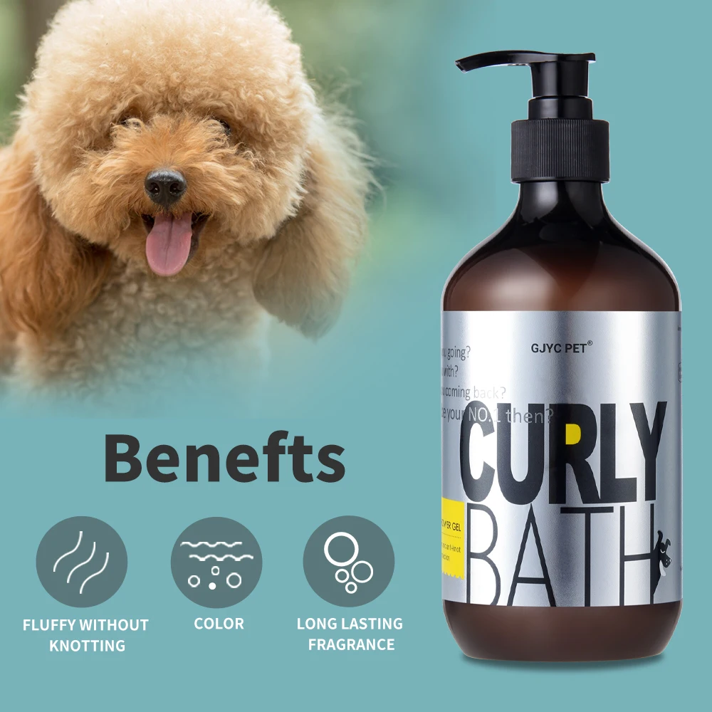 Dog Shampoo | Poodle Dog Shampoo A portrait of a reddish-brown Poodle lying down next to a "Curly Bath" bottle. Three water-bubble icons on the left highlight the key features: "Nourishing," "Moisturizing," and "Good."