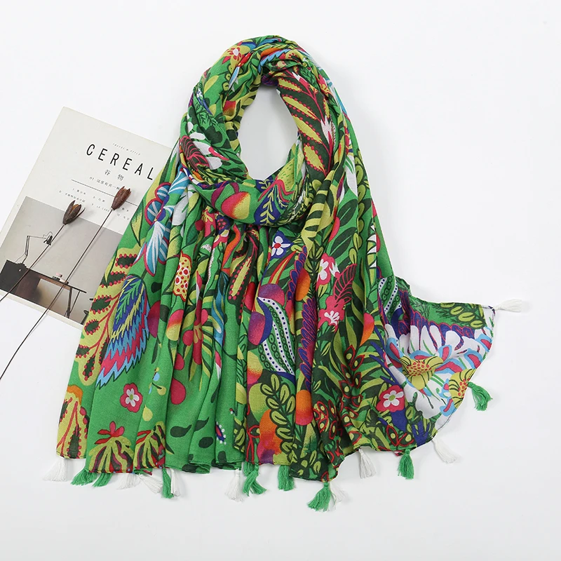 

Elegant Floral Printed Hijab Cotton Visocse Tassel Shawl Wrap Woman Party Long Scarf Ladies Beach Stole Flower Headscarf Stoles