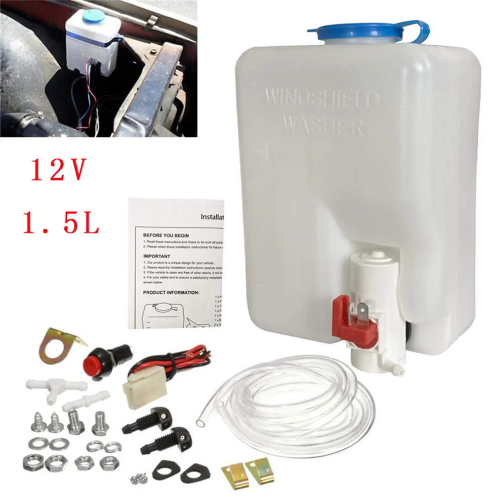 

1.5L 12V Universal Windshield Washer Bottle Tank Pump Wiper System Reservoir Kit Jet Switch Clean Tool