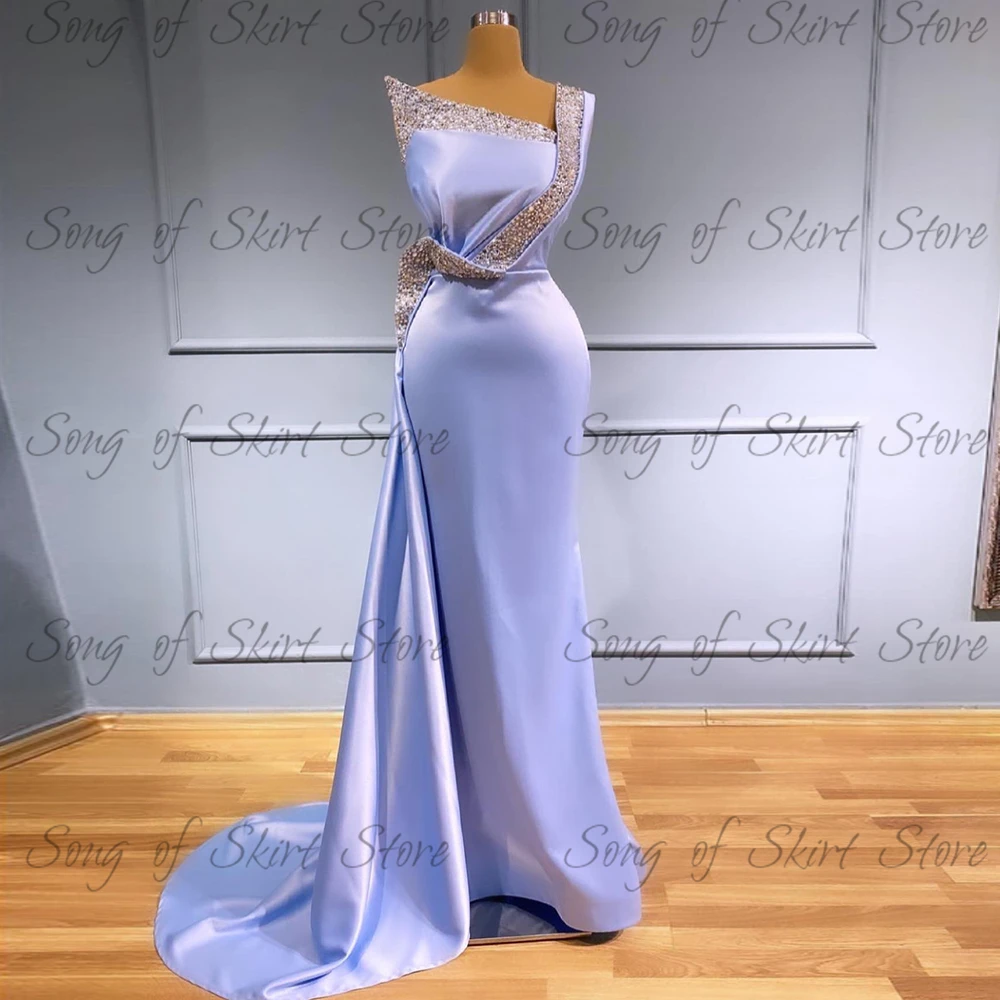 

Glittery One-Shoulder Mermaid Formal Evening Dresses Sweep Train Sleeveless Prom Gown Jersy Party Dress robes de soirée فساتين ا