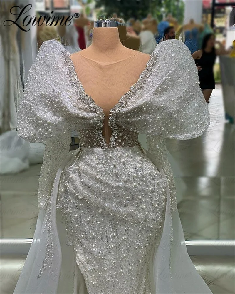 

Arabic Celebrity Dresses Pearl Ivory Wedding Party Dress 2023 Customize High Slit Long Sleeves Evening Gowns Crystals Prom Dress