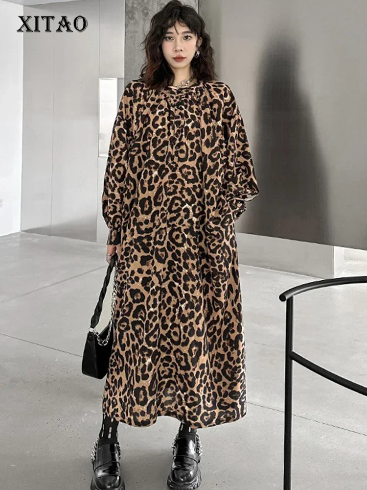 

Винтажное свободное модное платье XITAO с круглым вырезом, длинным рукавом и леопардовым принтом, тонкое весеннее женское платье, новинка 2024, уличное модное платье DMJ2484