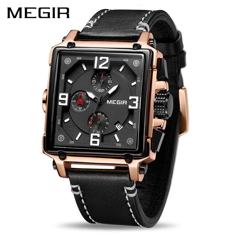 

MEGIR Mens Watches Top Brand Luxury Chronograph Quartz Watch for Men Sport Leather Army Military Wristwatches Relogio Masculino