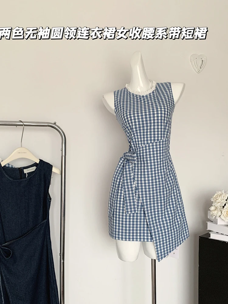 

Summer French Sleeveless Mini Dress Mori Girl Women 2000s Aesthetic Plaid Frocks Korean Fashion Design One-Piece Old Money Tide